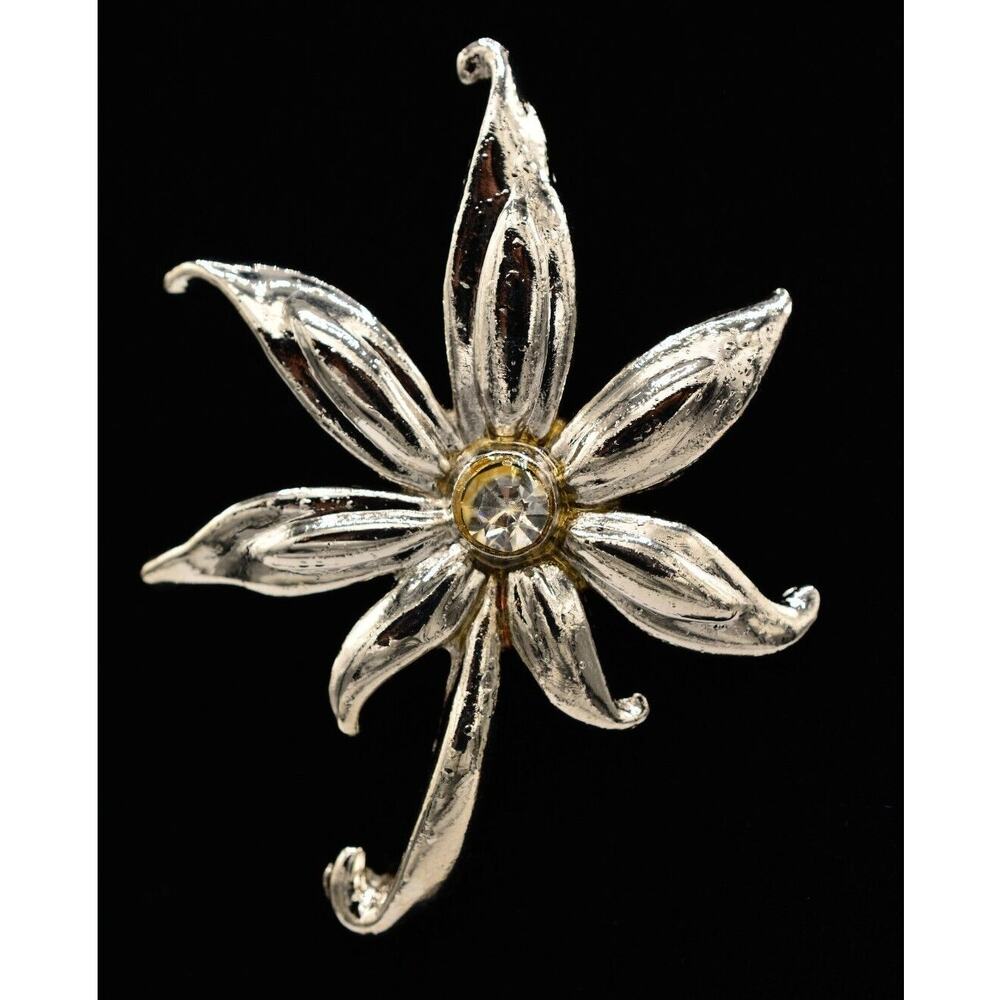 Vintage Flower Pin Brooch Silver Tone Rhinestone Crystal Elegant 1990s BinAH
